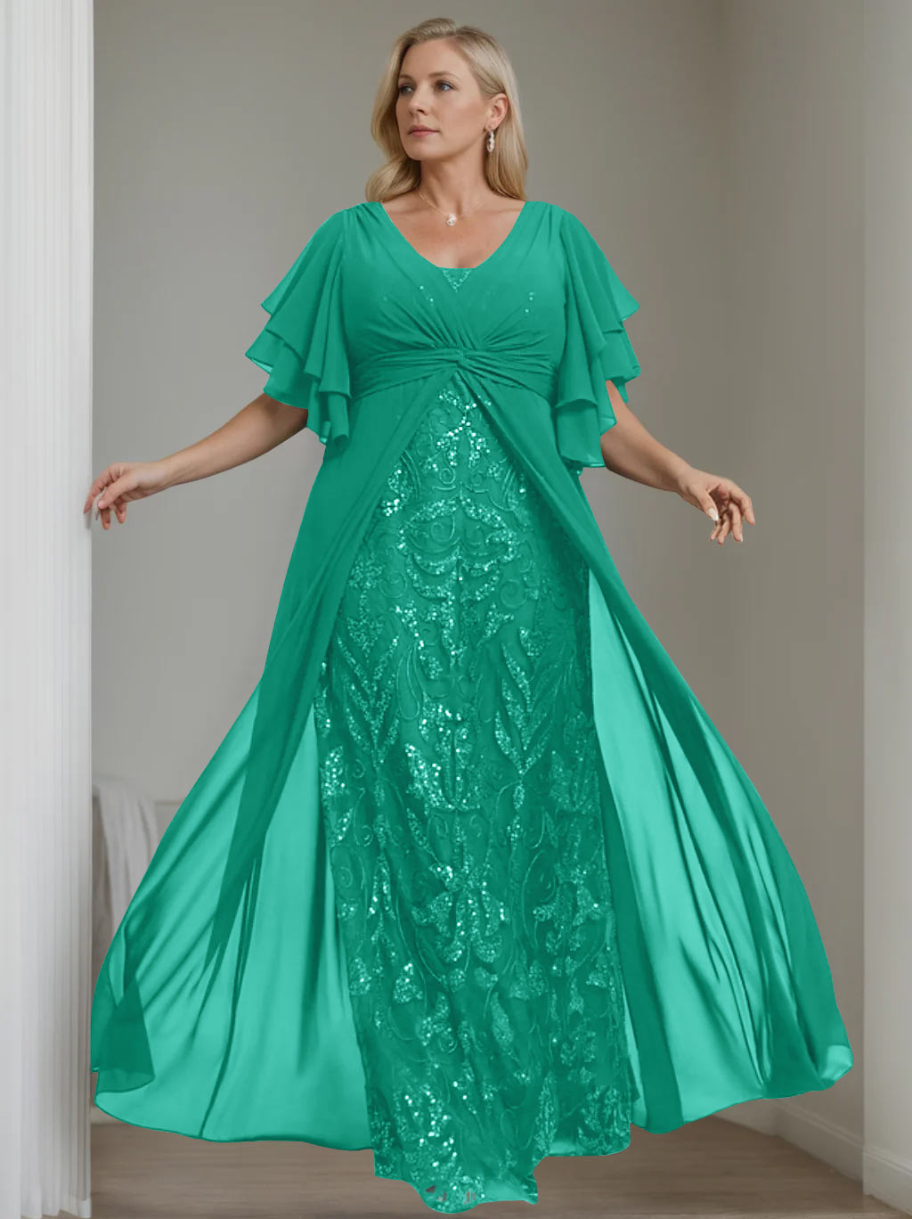 Plus Size Floor-Length Mother of the Bride A-Line Dress with V-Neck and Half Sleeves