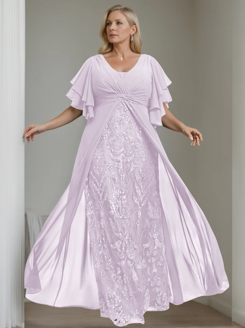 Plus Size Floor-Length Mother of the Bride A-Line Dress with V-Neck and Half Sleeves