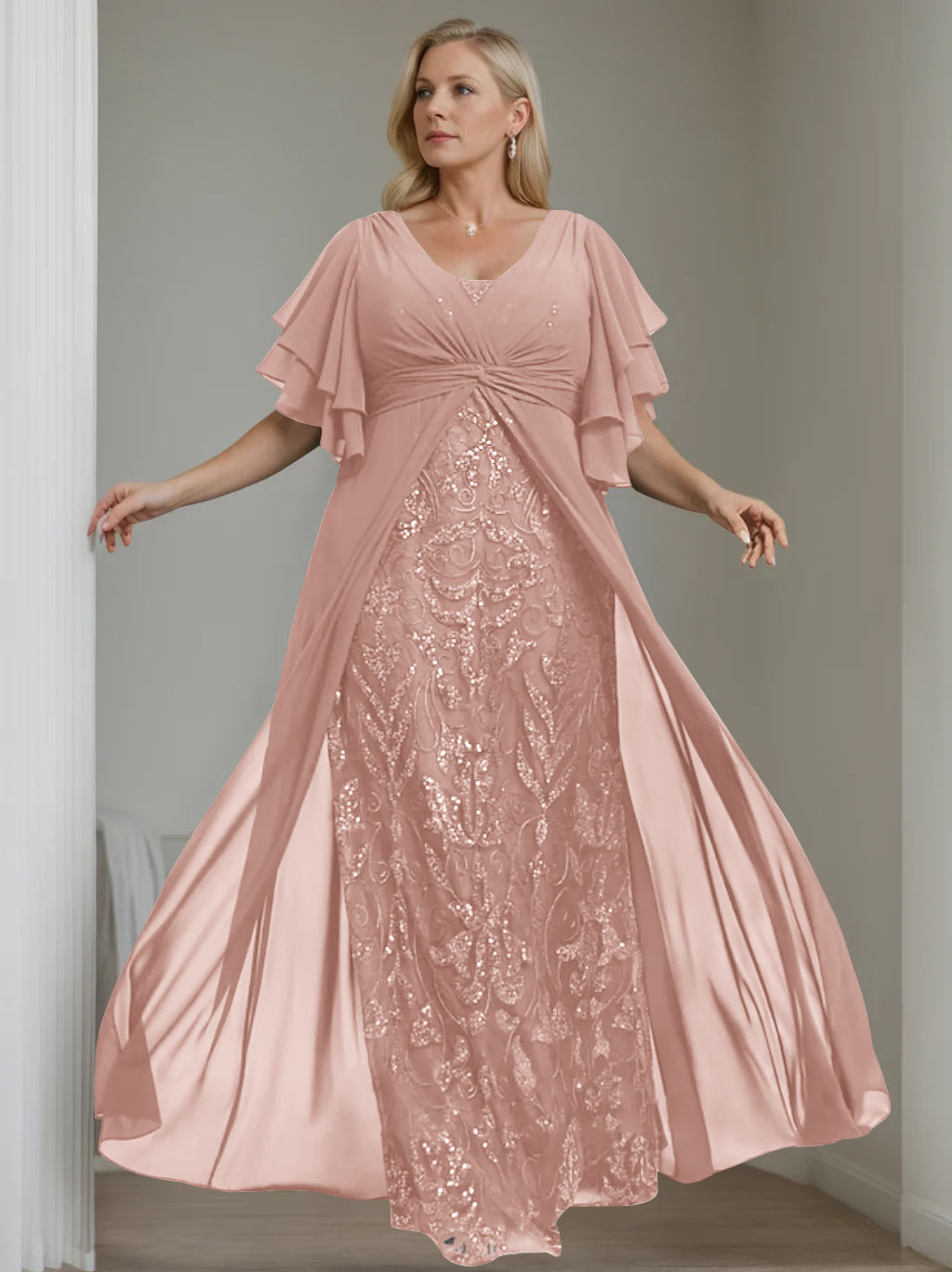 Plus Size Floor-Length Mother of the Bride A-Line Dress with V-Neck and Half Sleeves