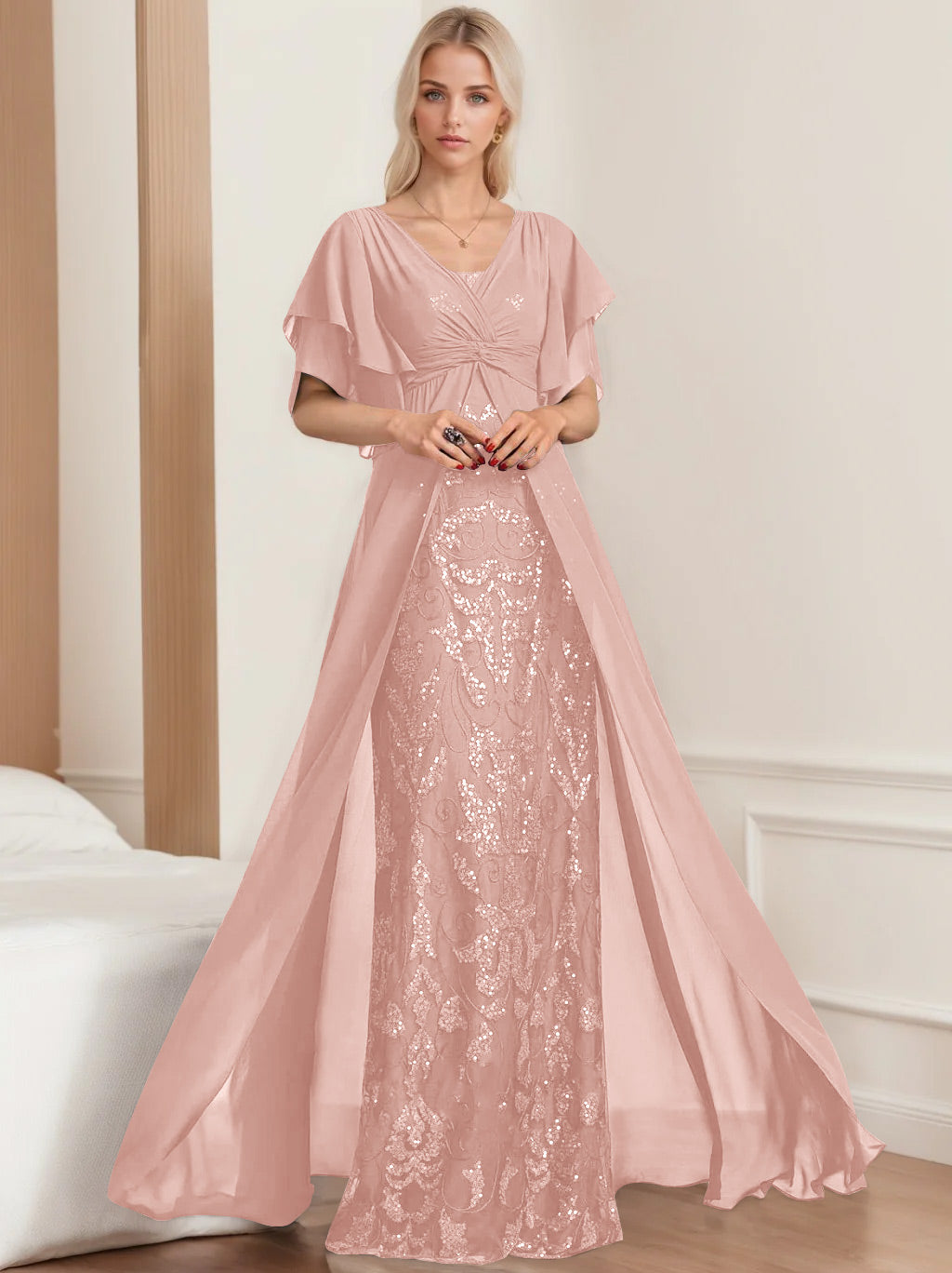 Plus Size Mother of the Bride A-Line Floor-Length Dress with V-Neck and Half Sleeves