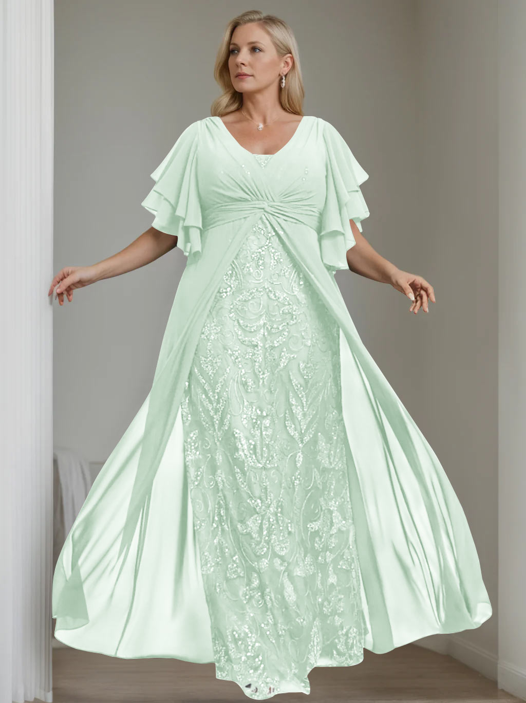 Plus Size Floor-Length Mother of the Bride A-Line Dress with V-Neck and Half Sleeves