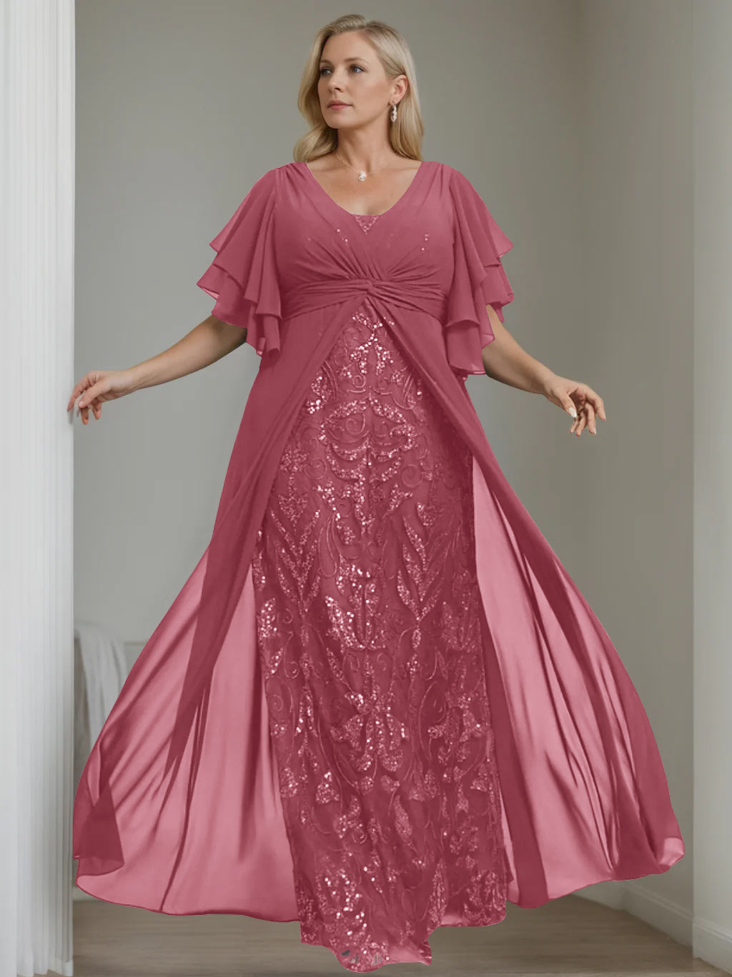 Plus Size Floor-Length Mother of the Bride A-Line Dress with V-Neck and Half Sleeves