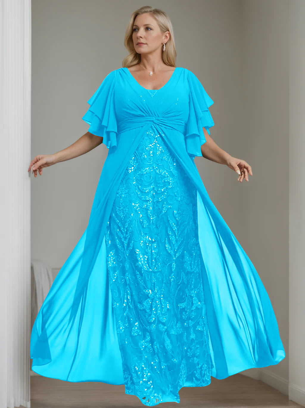 Plus Size Floor-Length Mother of the Bride A-Line Dress with V-Neck and Half Sleeves