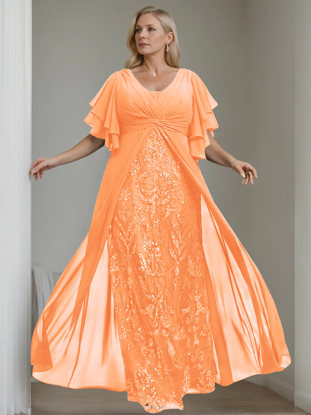 Plus Size Floor-Length Mother of the Bride A-Line Dress with V-Neck and Half Sleeves