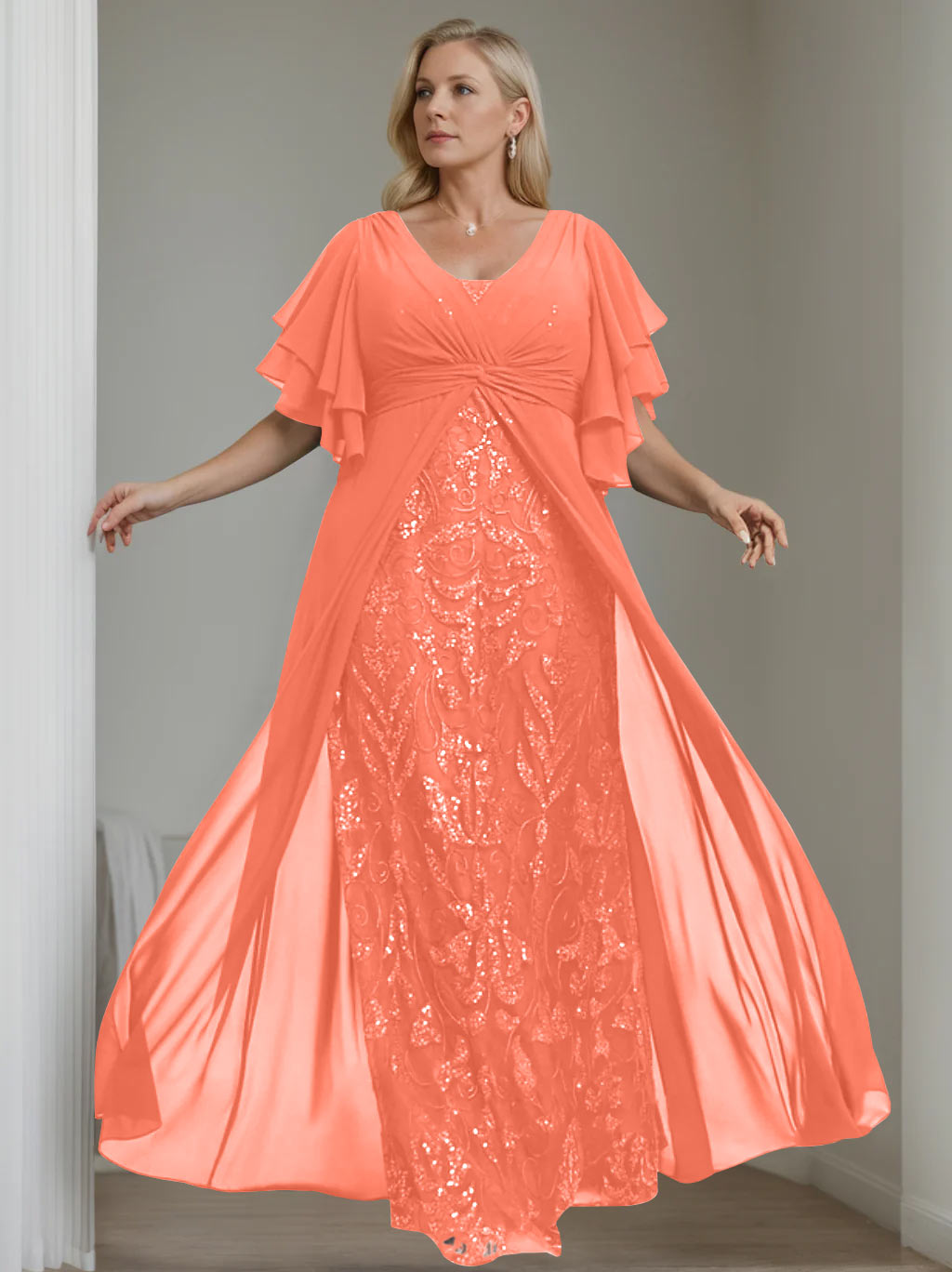 Plus Size Floor-Length Mother of the Bride A-Line Dress with V-Neck and Half Sleeves