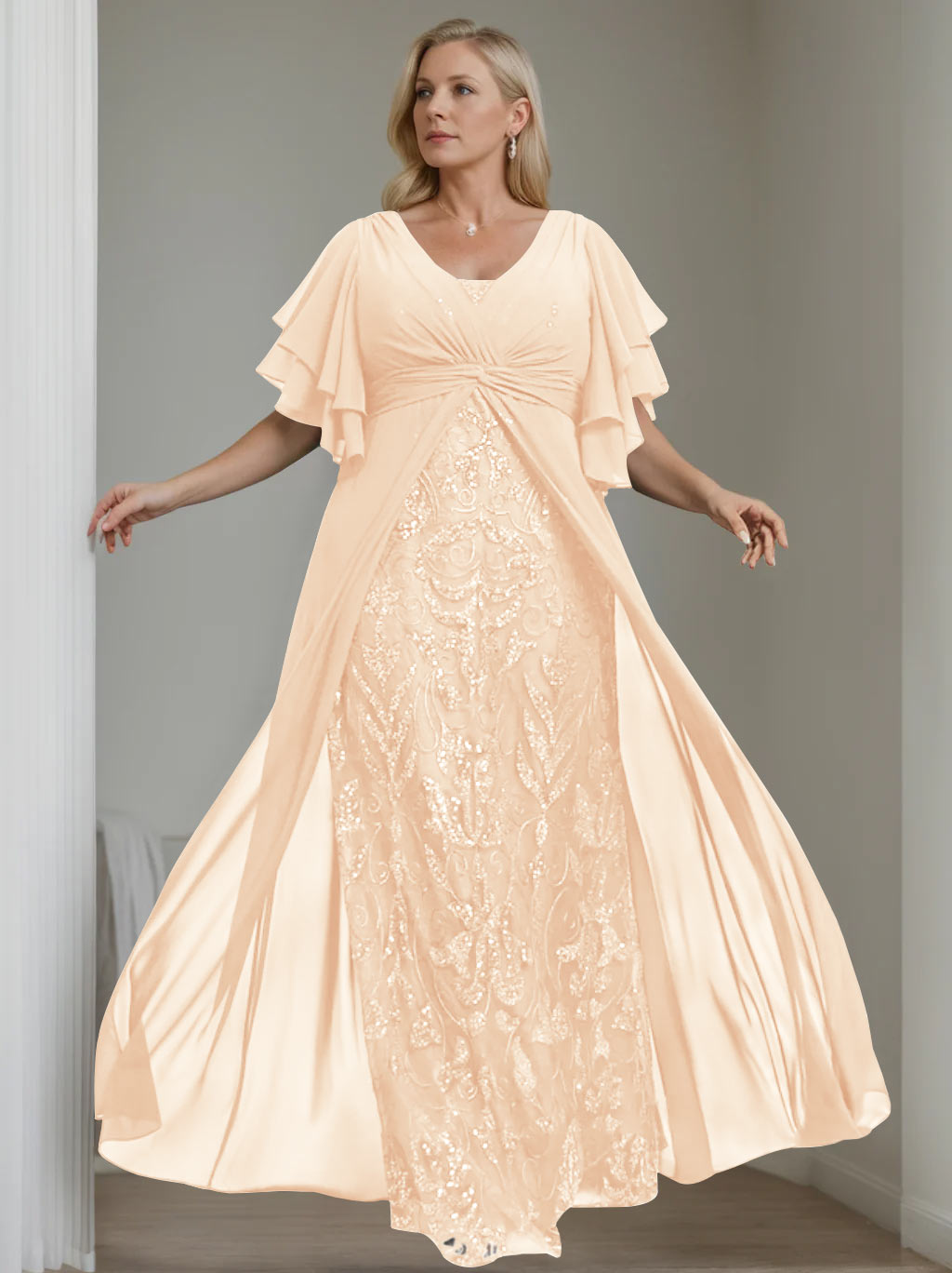 Plus Size Floor-Length Mother of the Bride A-Line Dress with V-Neck and Half Sleeves