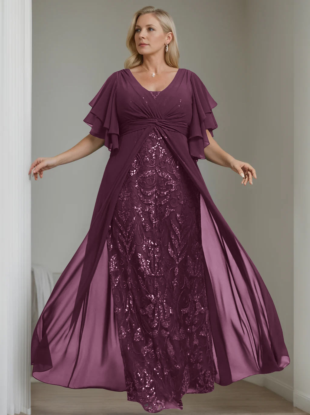 Plus Size Floor-Length Mother of the Bride A-Line Dress with V-Neck and Half Sleeves