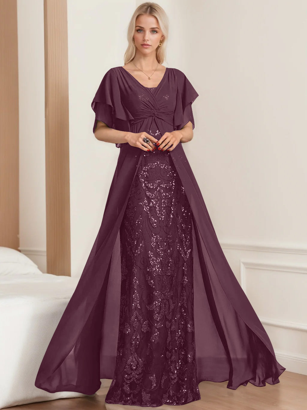 Plus Size Mother of the Bride A-Line Floor-Length Dress with V-Neck and Half Sleeves