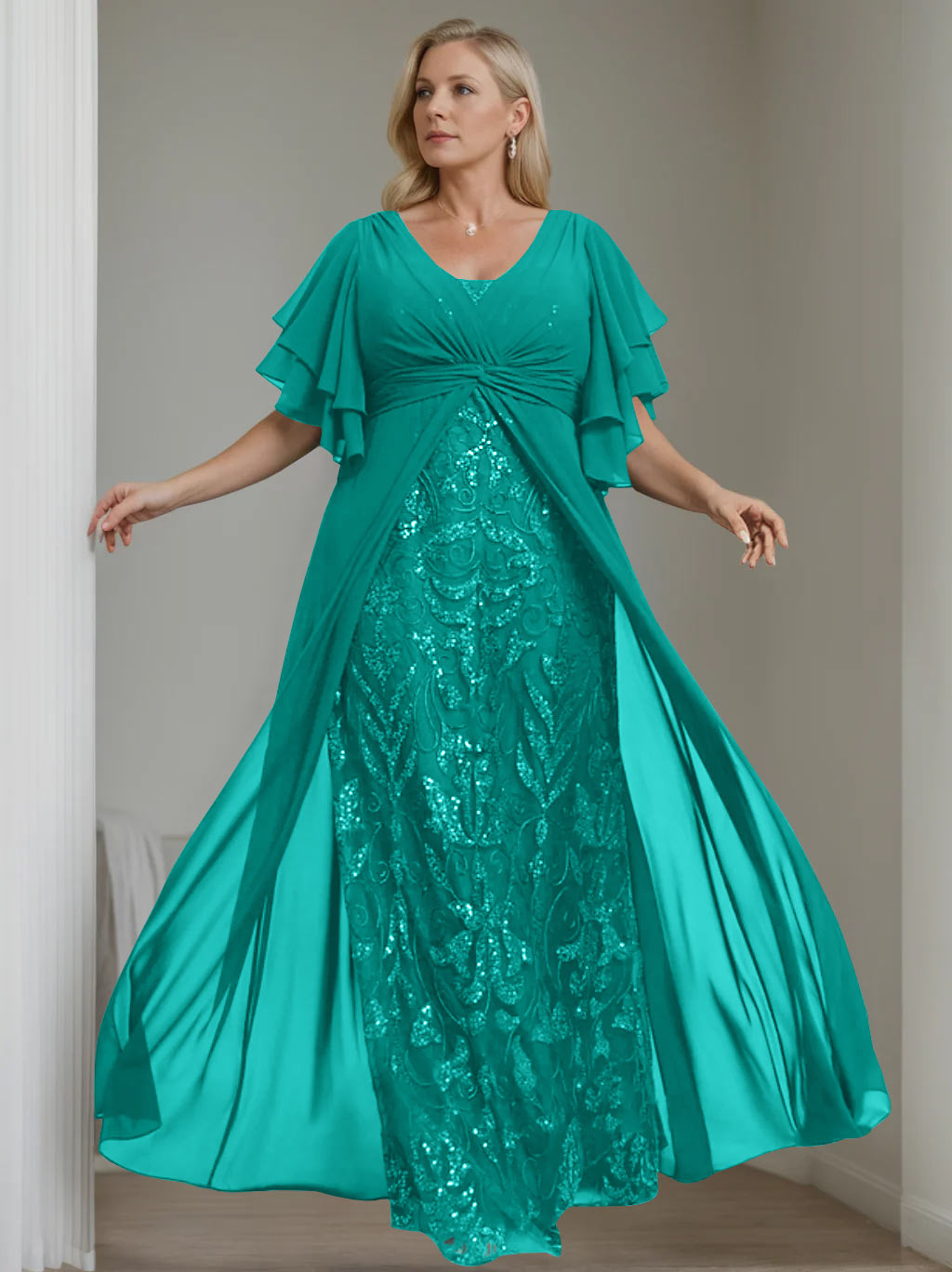 Plus Size Floor-Length Mother of the Bride A-Line Dress with V-Neck and Half Sleeves