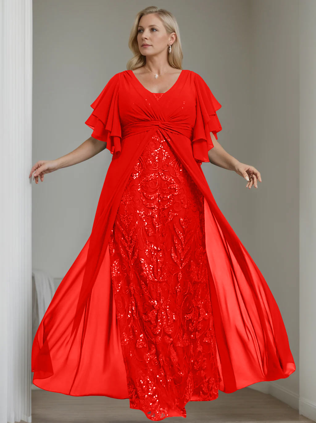 Plus Size Floor-Length Mother of the Bride A-Line Dress with V-Neck and Half Sleeves
