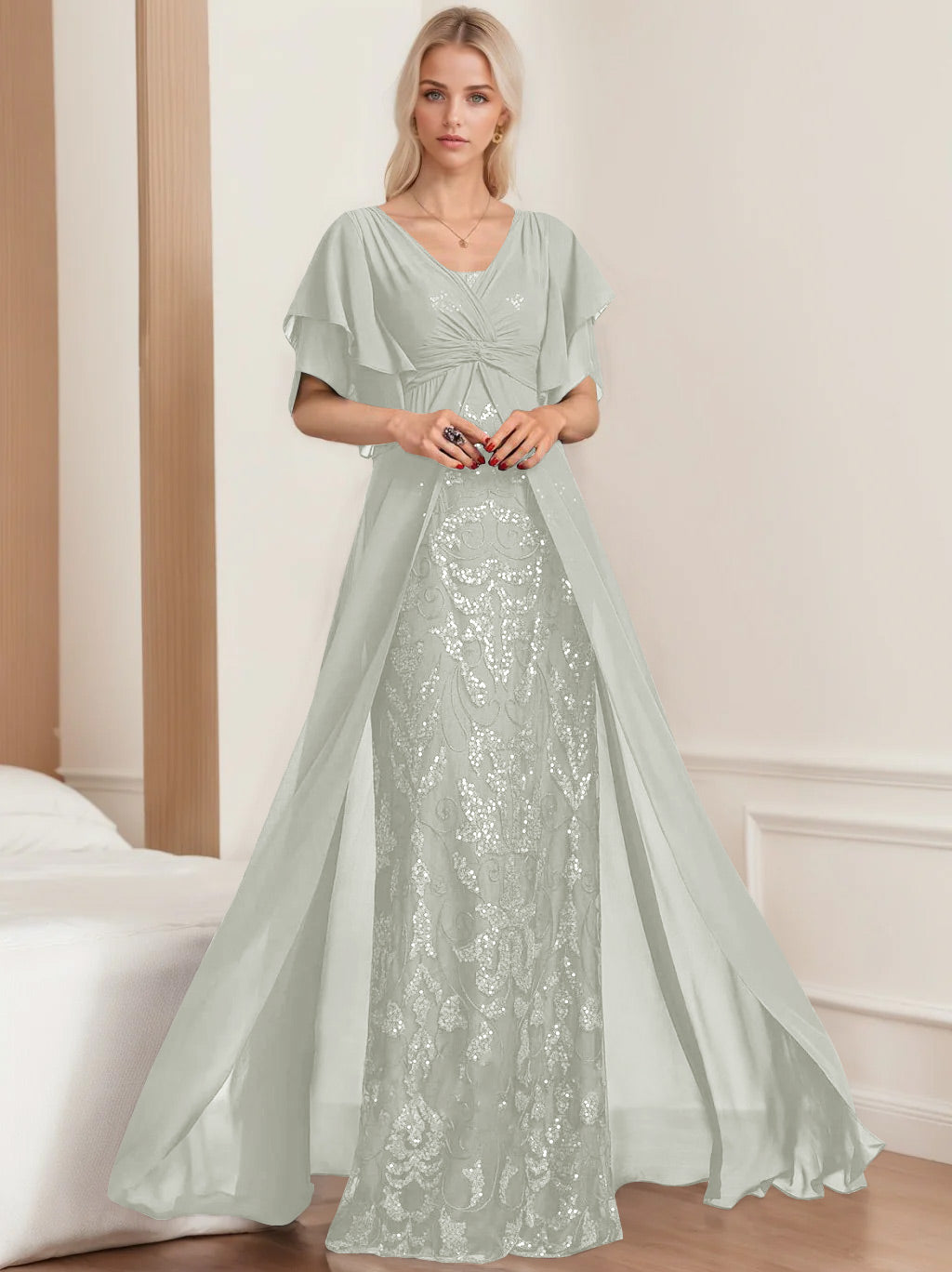 Plus Size Mother of the Bride A-Line Floor-Length Dress with V-Neck and Half Sleeves