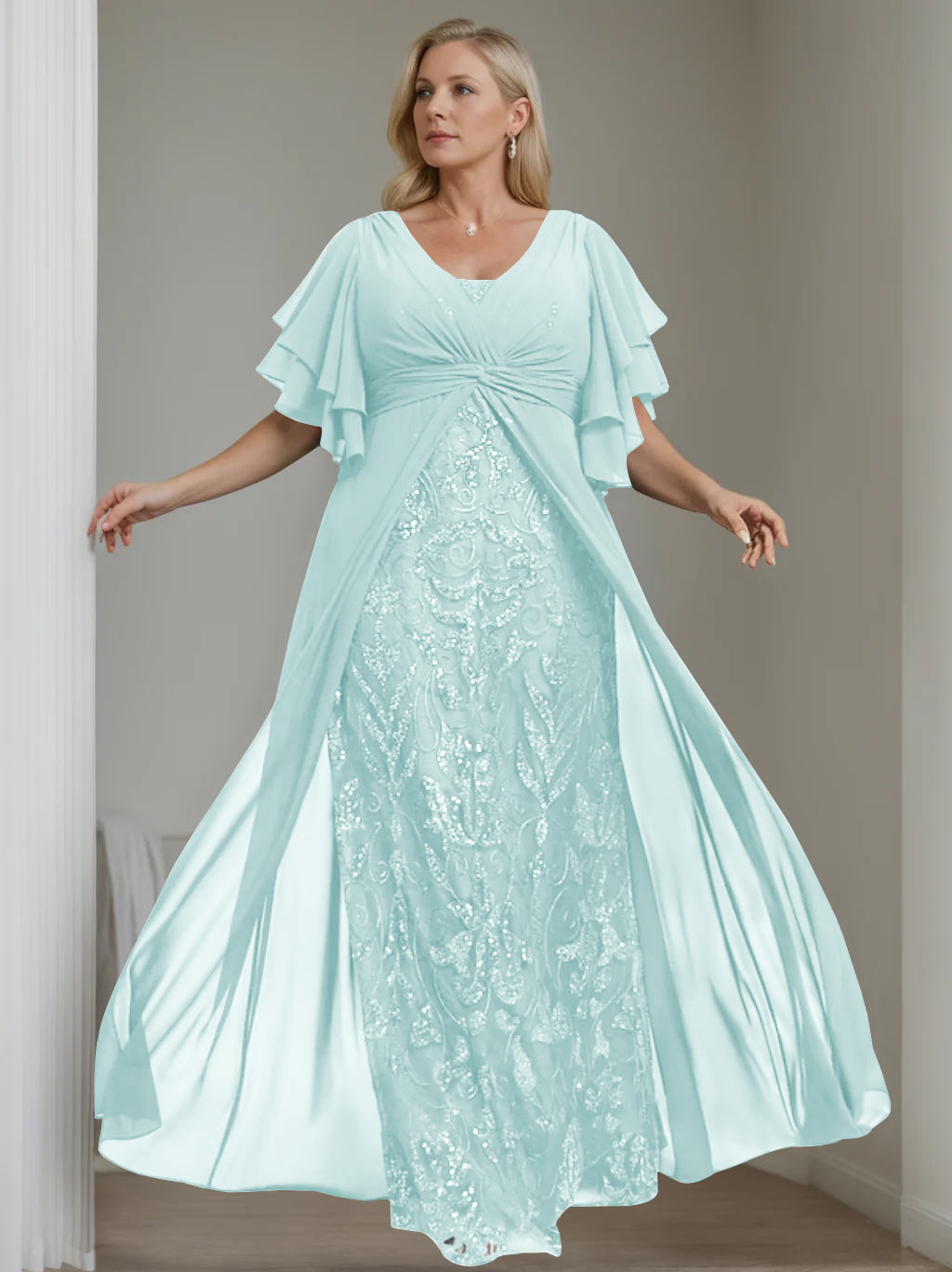 Plus Size Floor-Length Mother of the Bride A-Line Dress with V-Neck and Half Sleeves