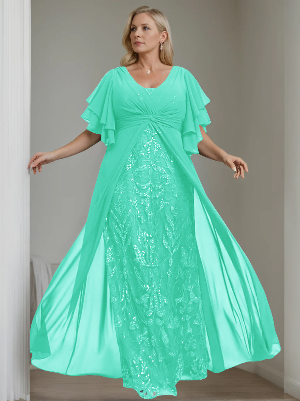 Plus Size Floor-Length Mother of the Bride A-Line Dress with V-Neck and Half Sleeves