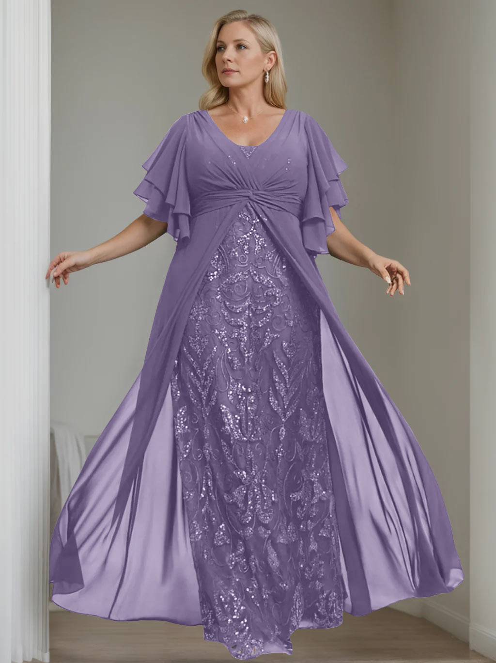 Plus Size Floor-Length Mother of the Bride A-Line Dress with V-Neck and Half Sleeves