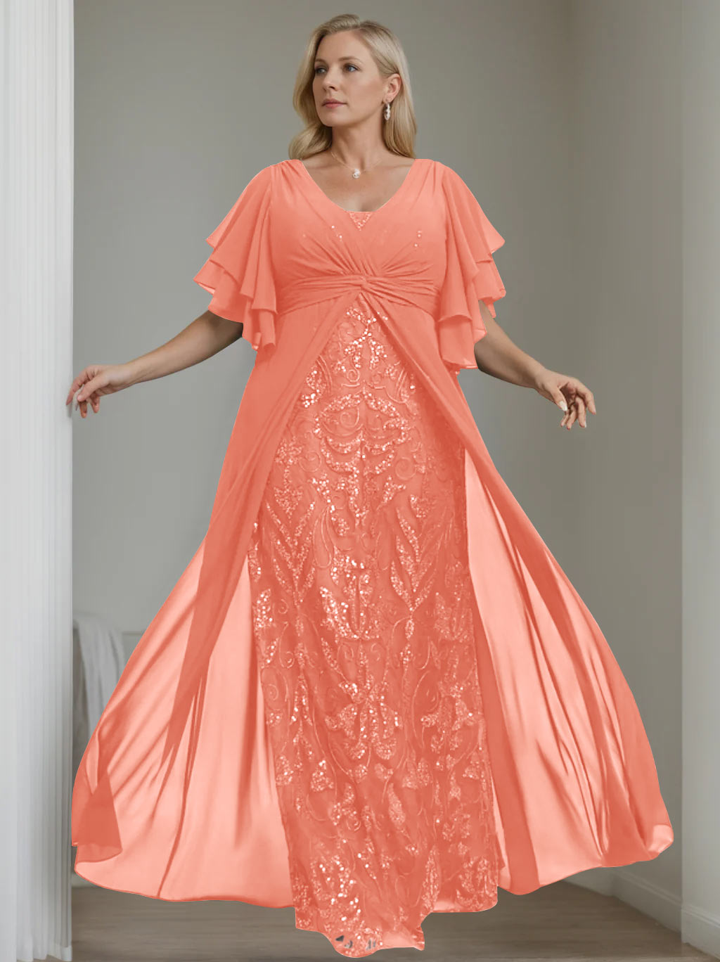 Plus Size Floor-Length Mother of the Bride A-Line Dress with V-Neck and Half Sleeves