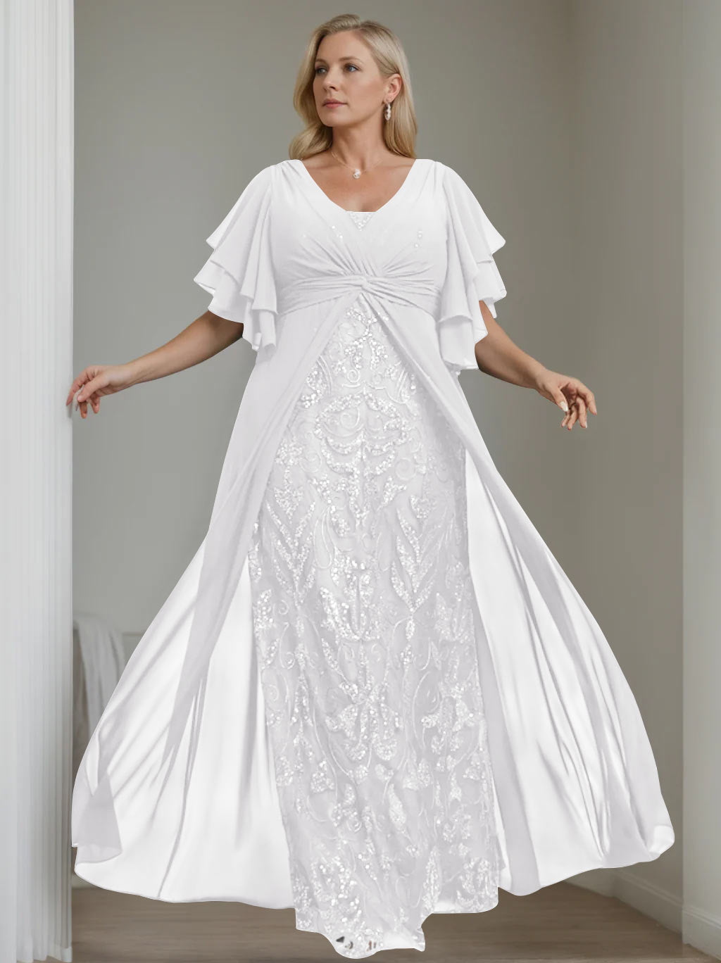 Plus Size Floor-Length Mother of the Bride A-Line Dress with V-Neck and Half Sleeves