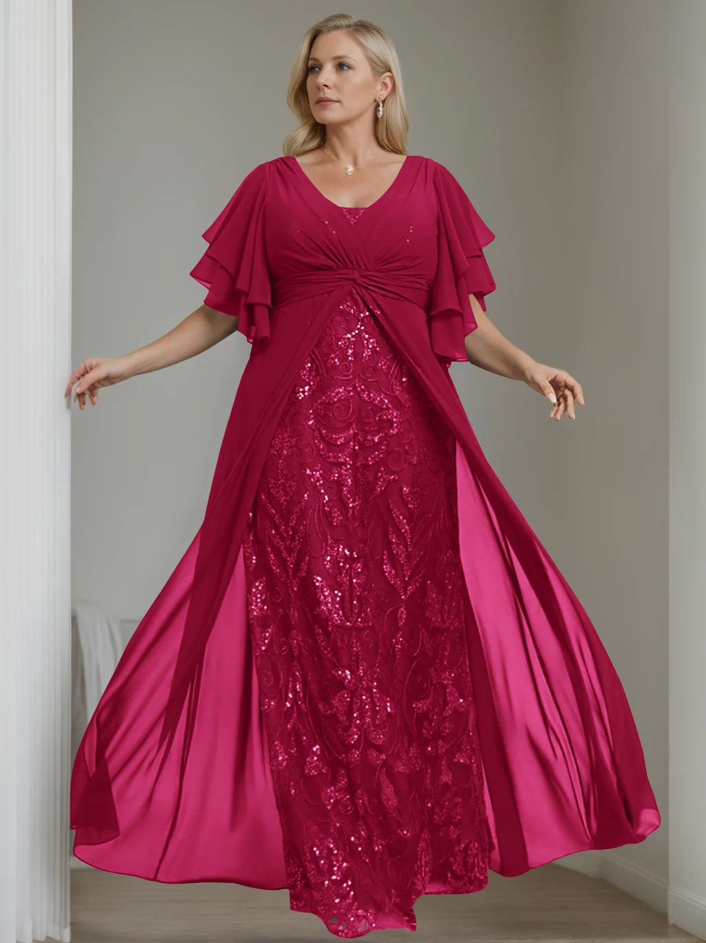 Plus Size Floor-Length Mother of the Bride A-Line Dress with V-Neck and Half Sleeves