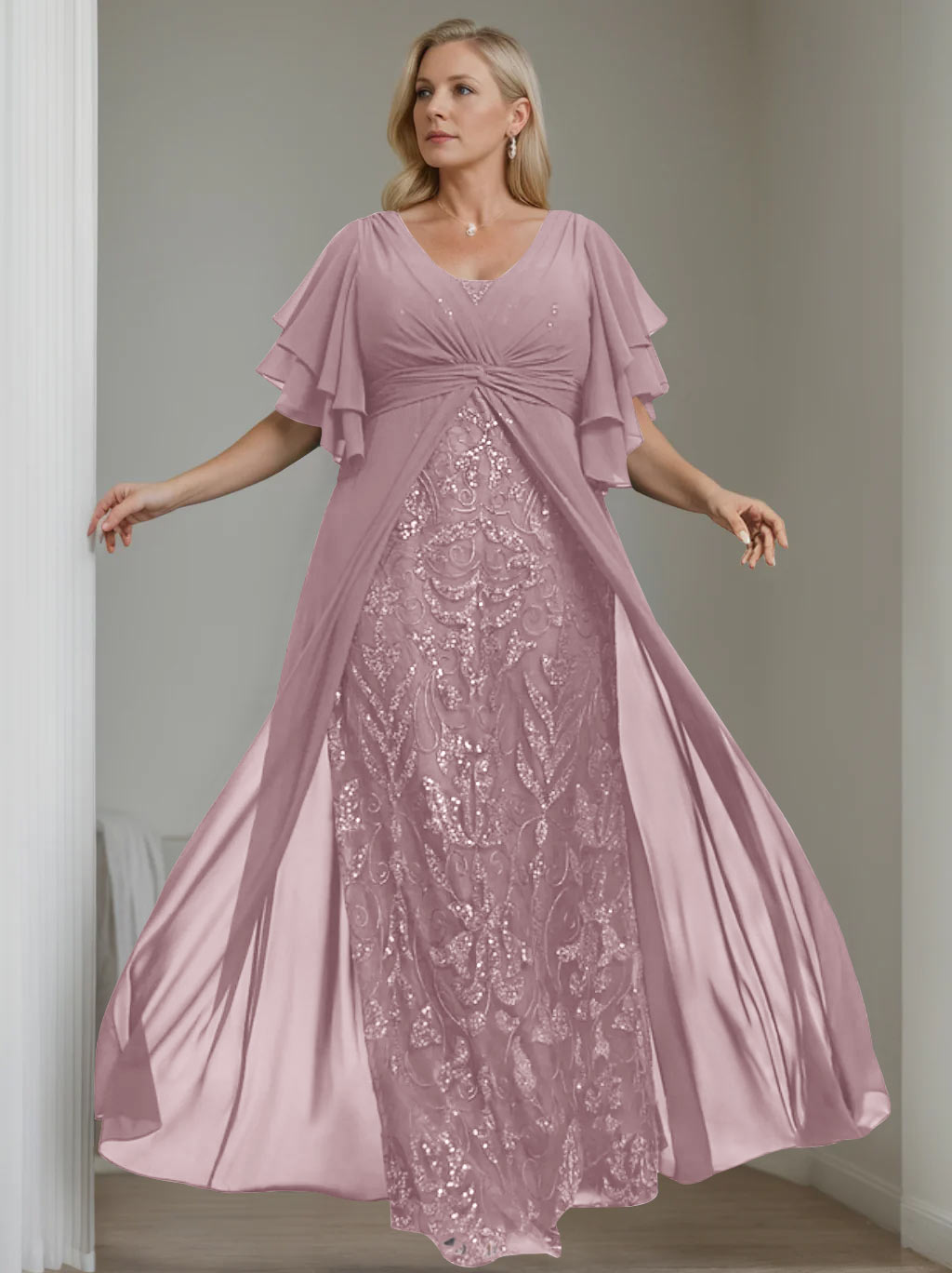 Plus Size Floor-Length Mother of the Bride A-Line Dress with V-Neck and Half Sleeves