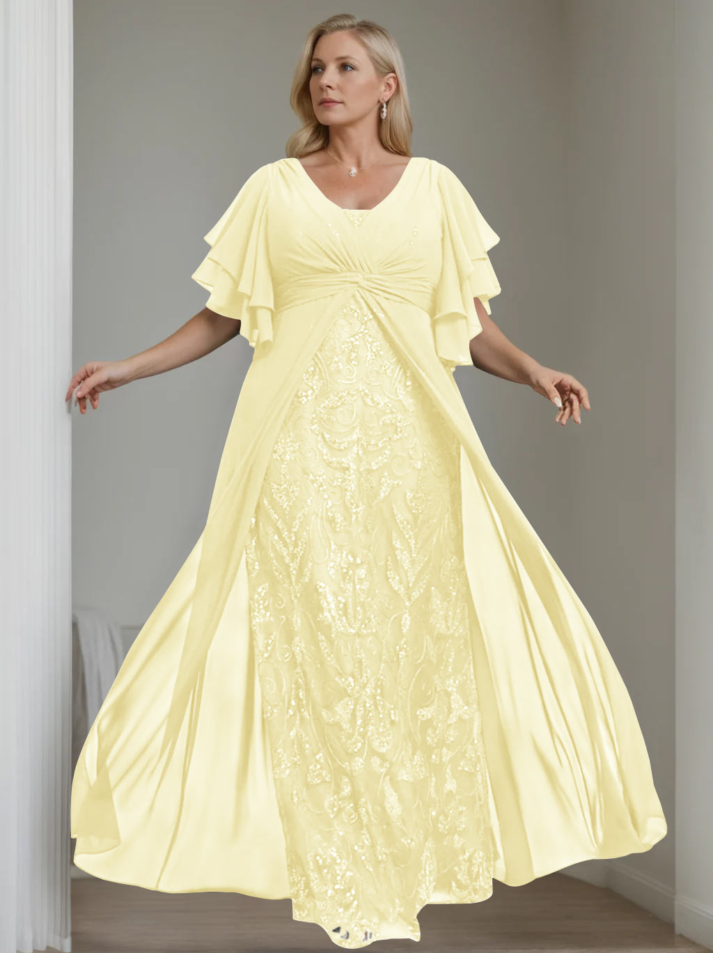 Plus Size Floor-Length Mother of the Bride A-Line Dress with V-Neck and Half Sleeves
