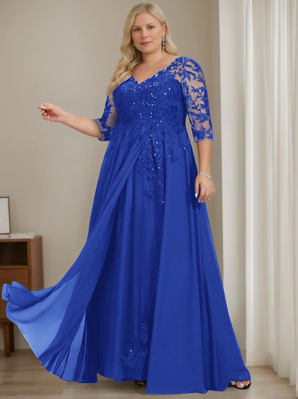 Plus Size V-Neck A-Line Princess Floor-Length Mother of the Bride Dress with Half Sleeves and Sequins