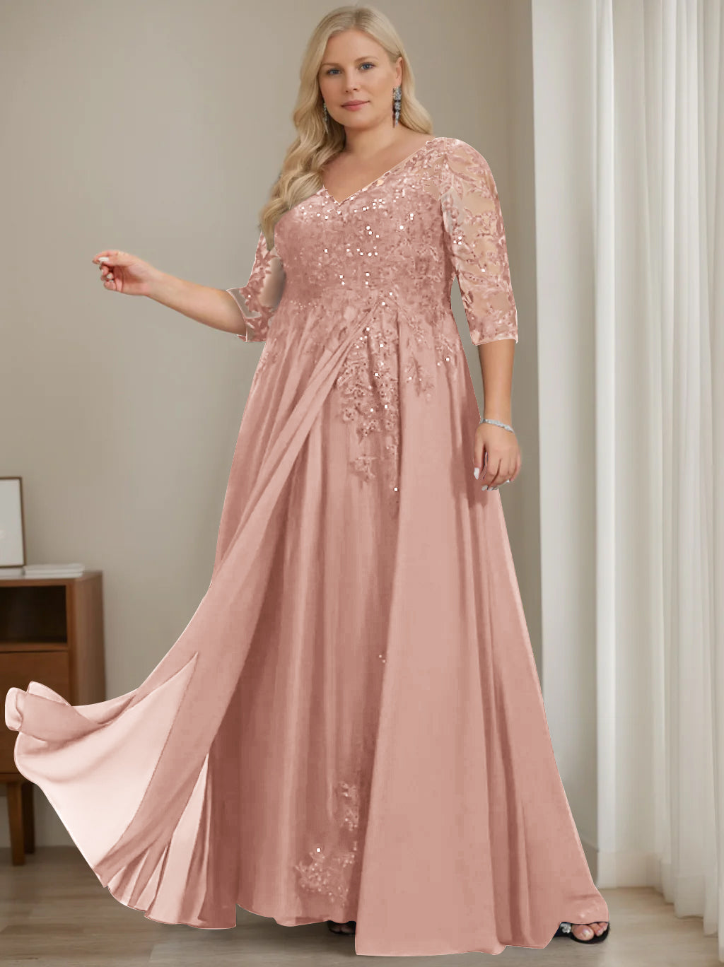 Plus Size V-Neck A-Line Princess Floor-Length Mother of the Bride Dress with Half Sleeves and Sequins
