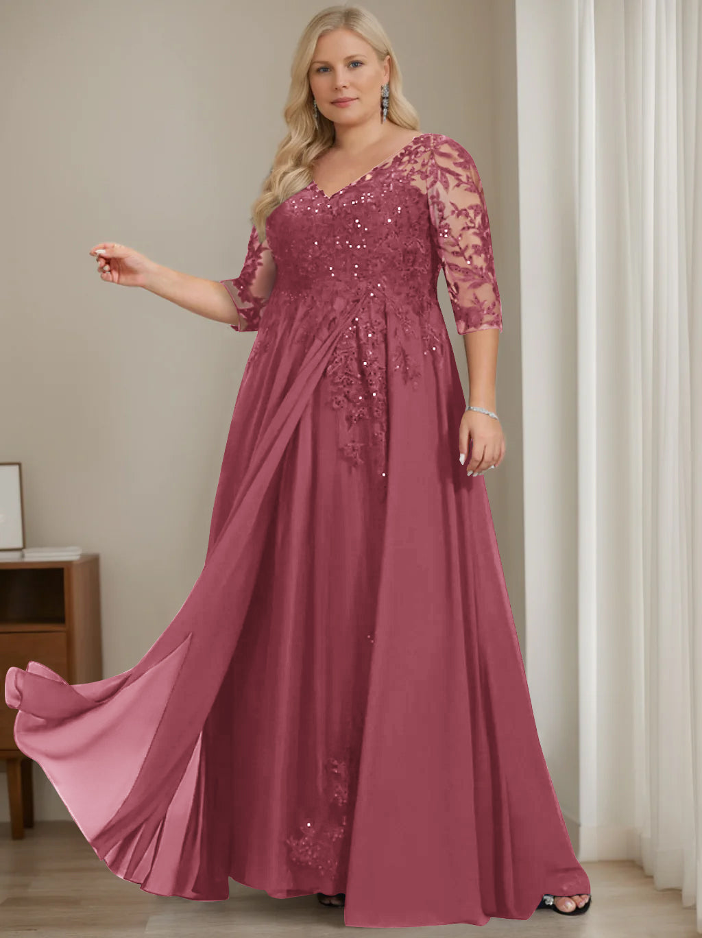 Plus Size V-Neck A-Line Princess Floor-Length Mother of the Bride Dress with Half Sleeves and Sequins