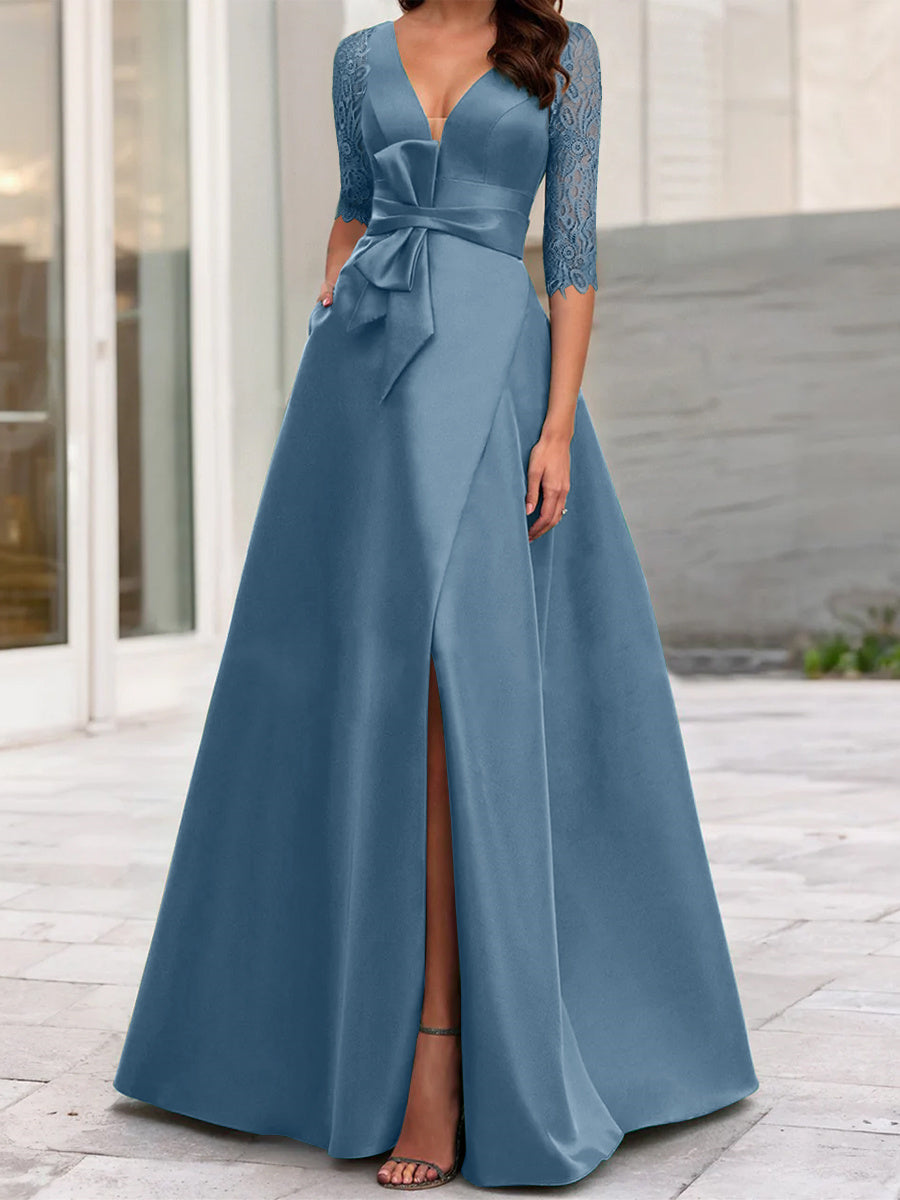 V-Neck A-Line Princess Mother of the Bride Dress with Side Split and Half Sleeves