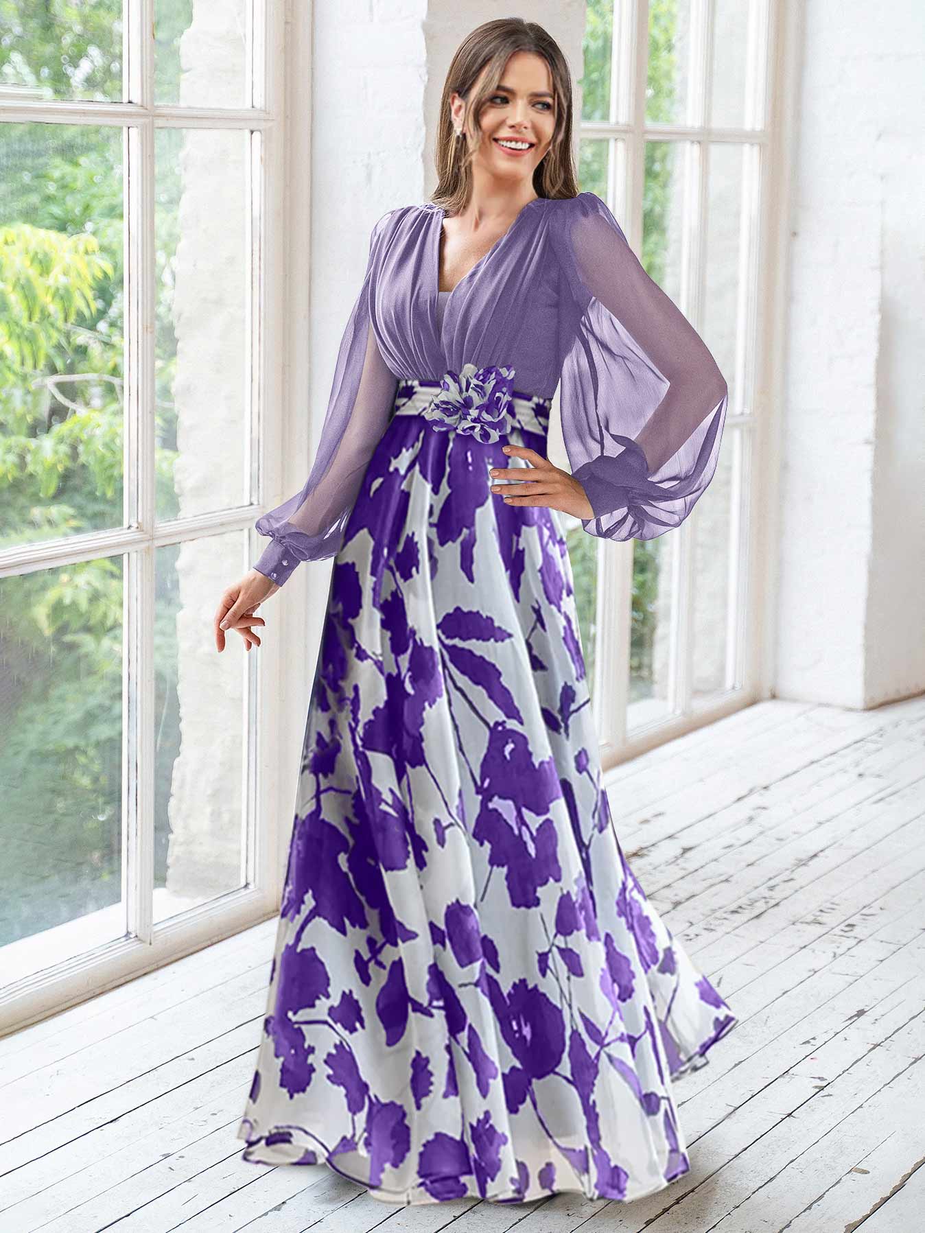 Floral Plus Size Mother of the Bride Dress with V-Neck and Long Sleeves