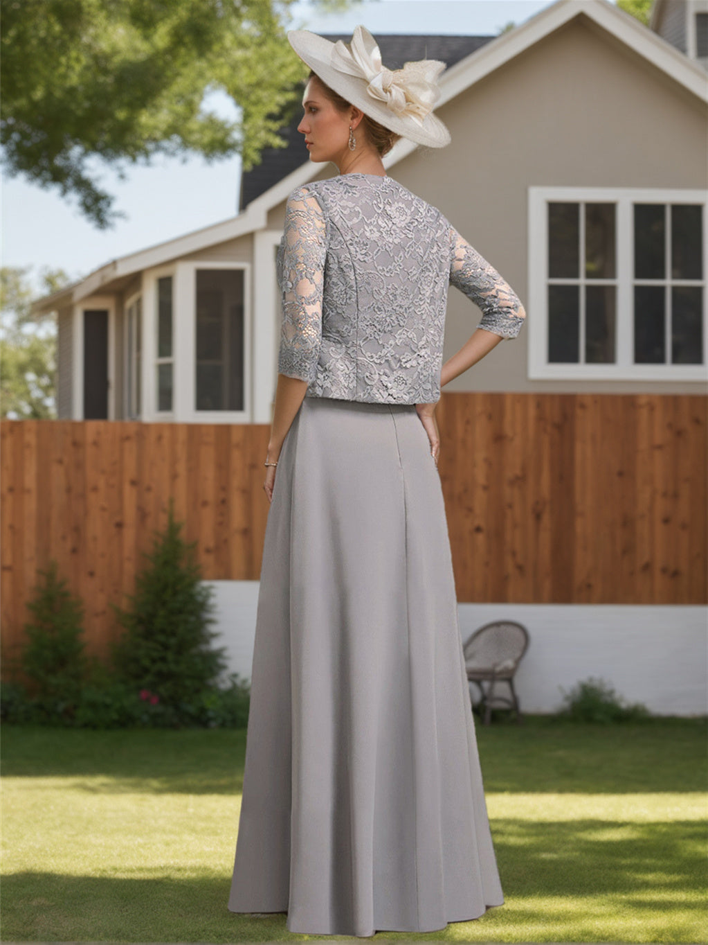 Floor-Length Scoop Neck Chiffon Gown with Lace and Half Sleeves for the Mother of the Bride
