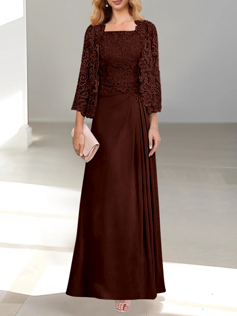 A-Line/Princess Scoop Mother of the Bride Dresses with Pleated & Lace Appliques Floor-Length