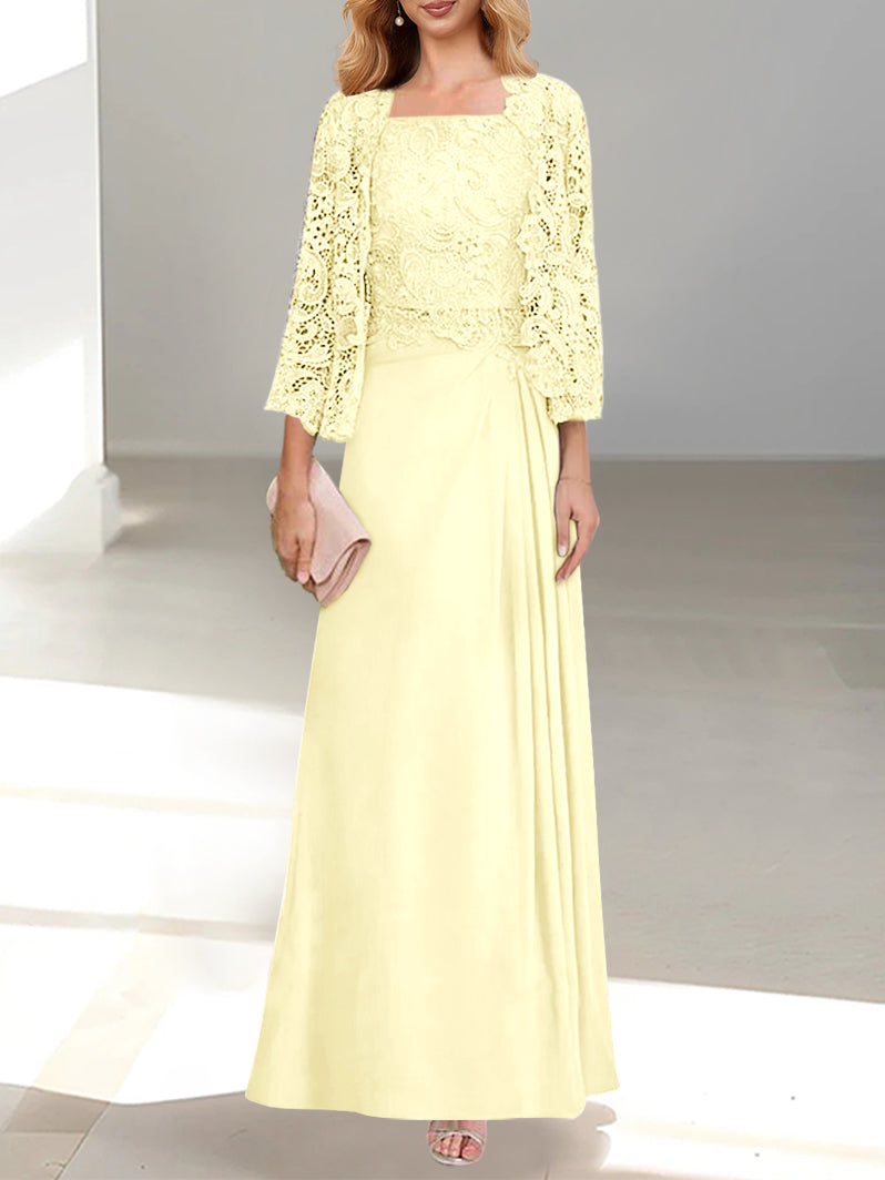 A-Line/Princess Scoop Mother of the Bride Dresses with Pleated & Lace Appliques Floor-Length