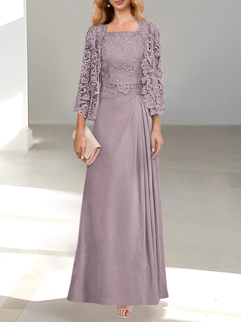 A-Line/Princess Scoop Mother of the Bride Dresses with Pleated & Lace Appliques Floor-Length
