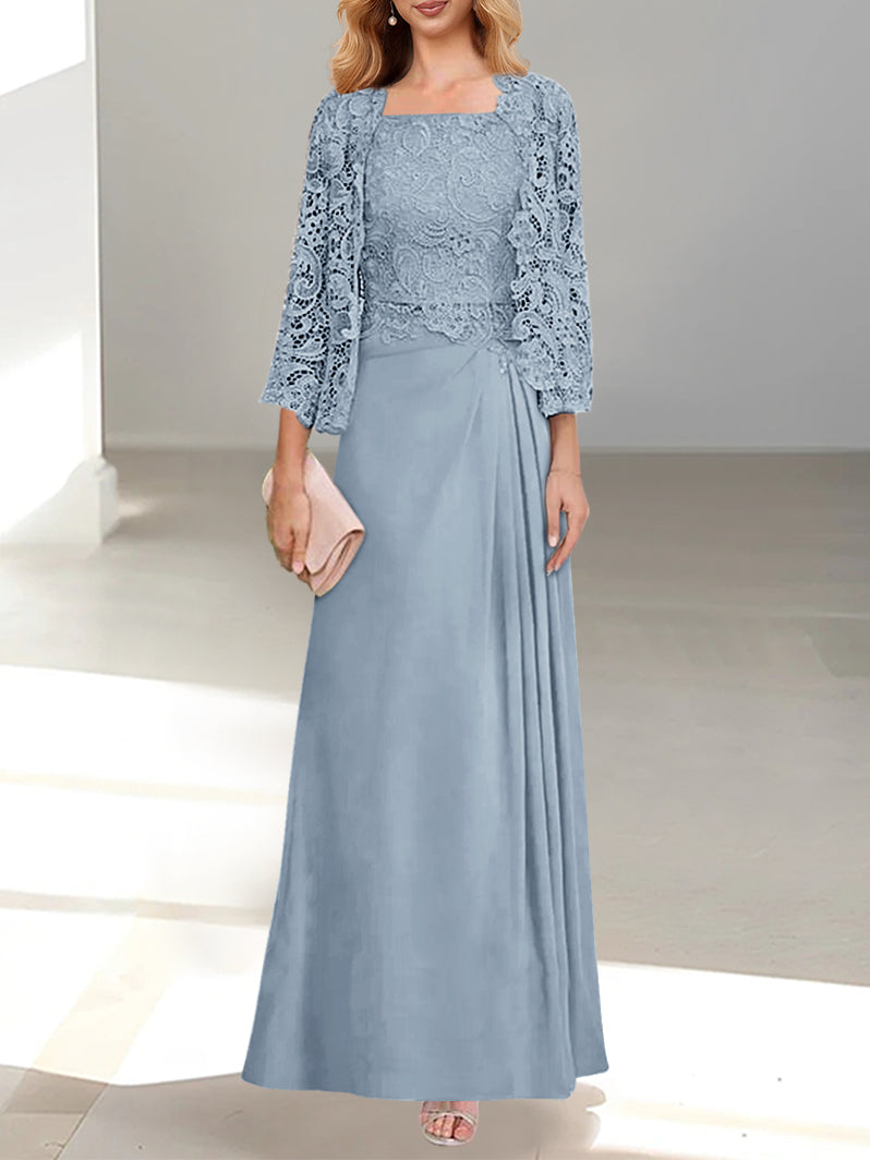 A-Line/Princess Scoop Mother of the Bride Dresses with Pleated & Lace Appliques Floor-Length