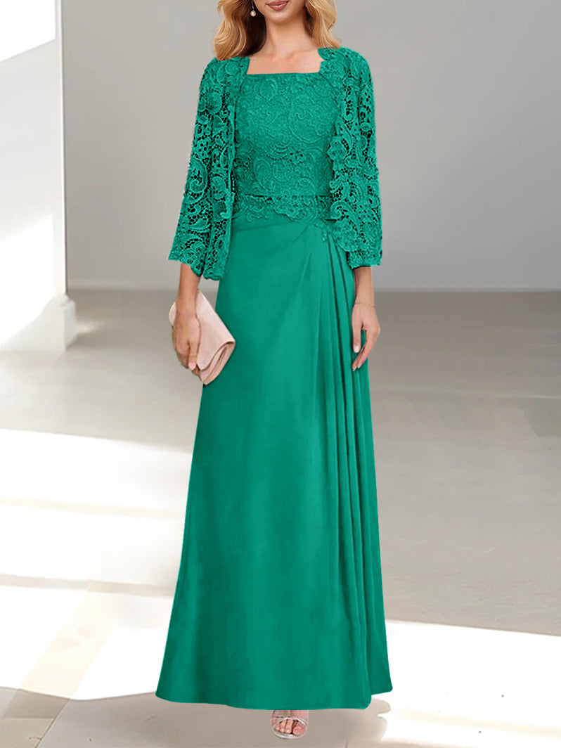 A-Line/Princess Scoop Mother of the Bride Dresses with Pleated & Lace Appliques Floor-Length
