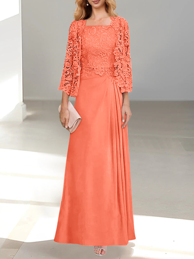 A-Line/Princess Scoop Mother of the Bride Dresses with Pleated & Lace Appliques Floor-Length