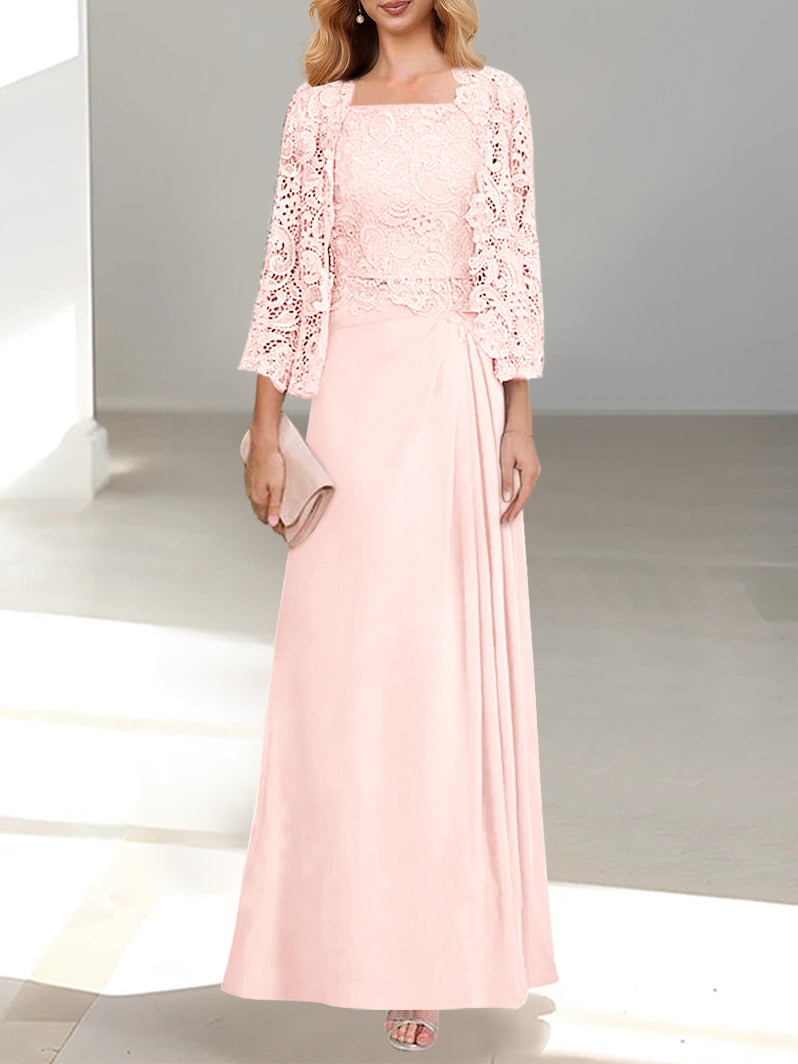 A-Line/Princess Scoop Mother of the Bride Dresses with Pleated & Lace Appliques Floor-Length