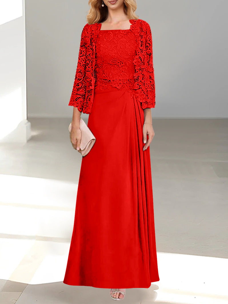 A-Line/Princess Scoop Mother of the Bride Dresses with Pleated & Lace Appliques Floor-Length