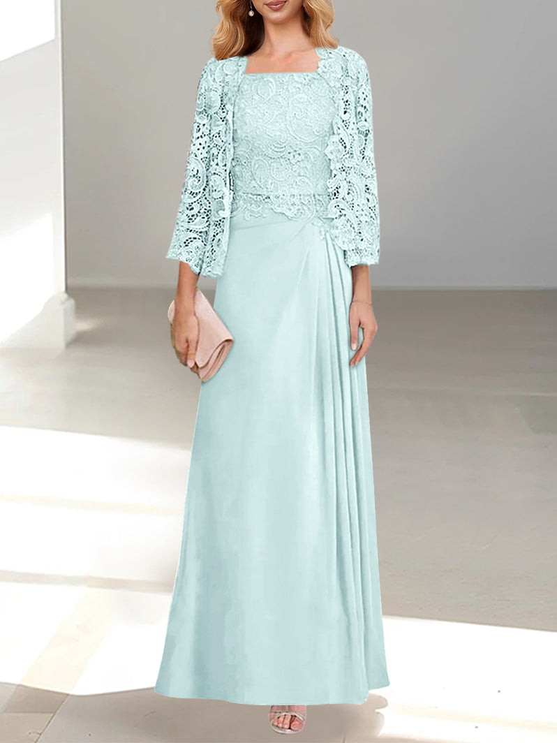 A-Line/Princess Scoop Mother of the Bride Dresses with Pleated & Lace Appliques Floor-Length