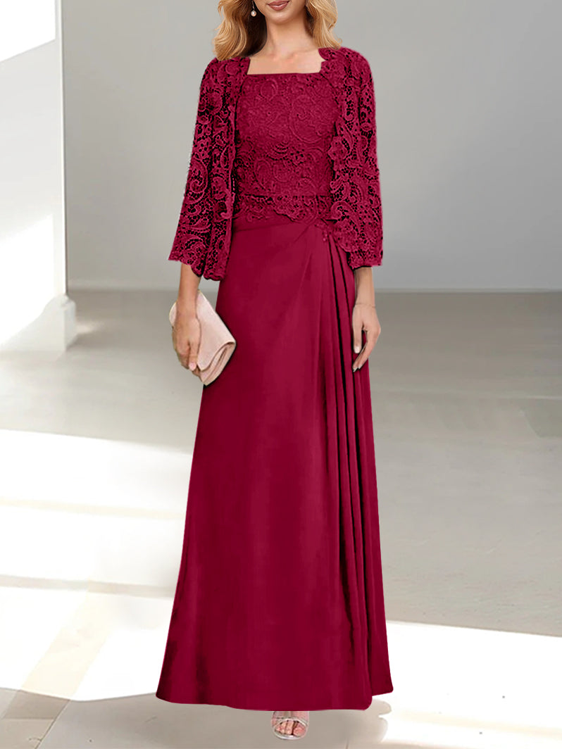 A-Line/Princess Scoop Mother of the Bride Dresses with Pleated & Lace Appliques Floor-Length