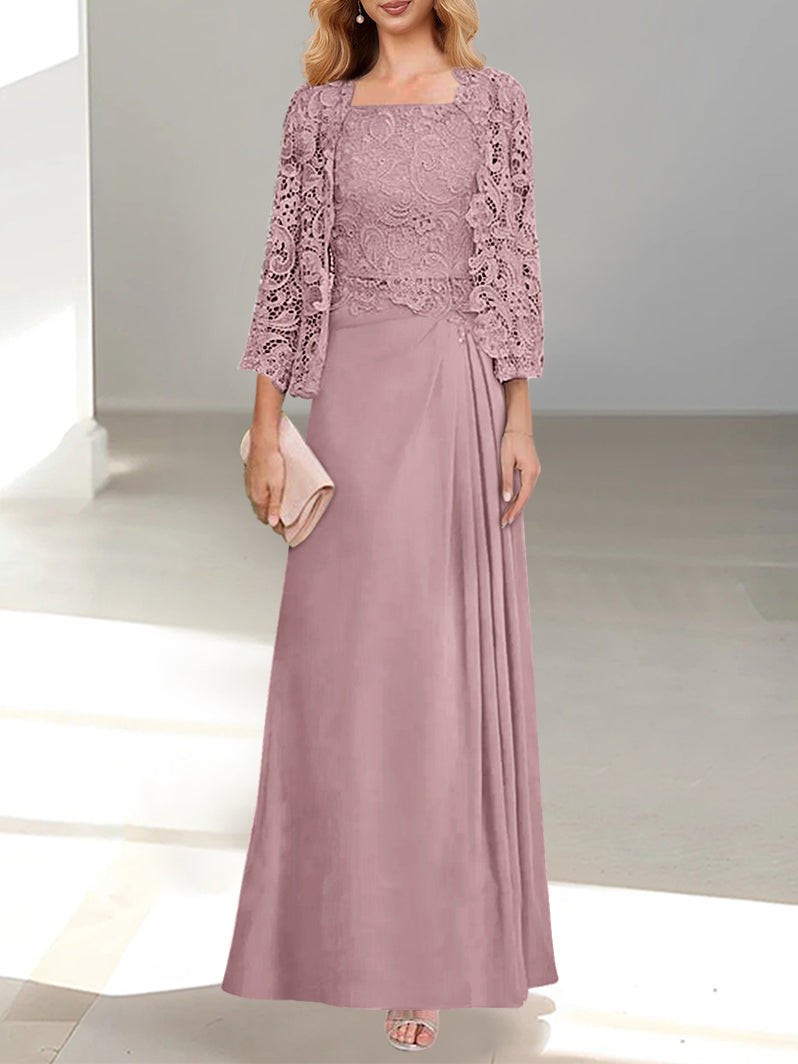A-Line/Princess Scoop Mother of the Bride Dresses with Pleated & Lace Appliques Floor-Length