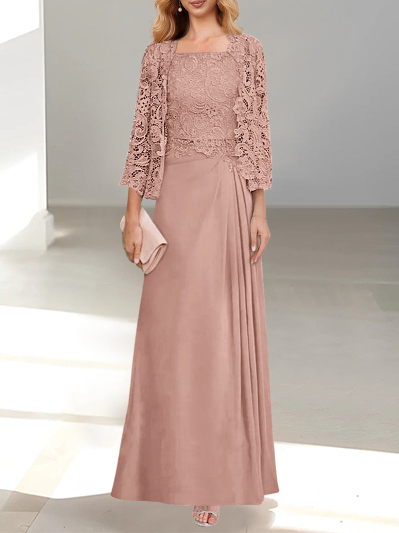 A-Line/Princess Scoop Mother of the Bride Dresses with Pleated & Lace Appliques Floor-Length