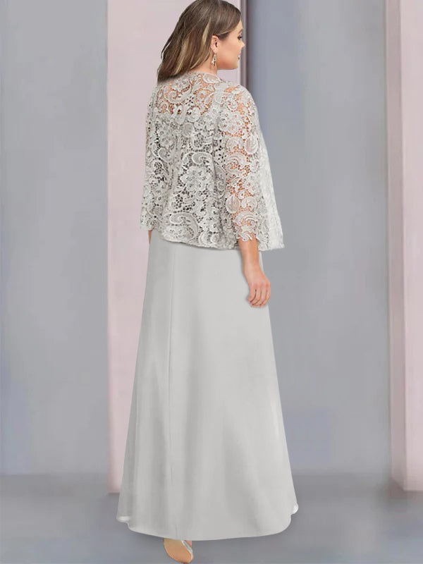 A-Line/Princess Scoop Mother of the Bride Dresses with Pleated & Lace Appliques Floor-Length