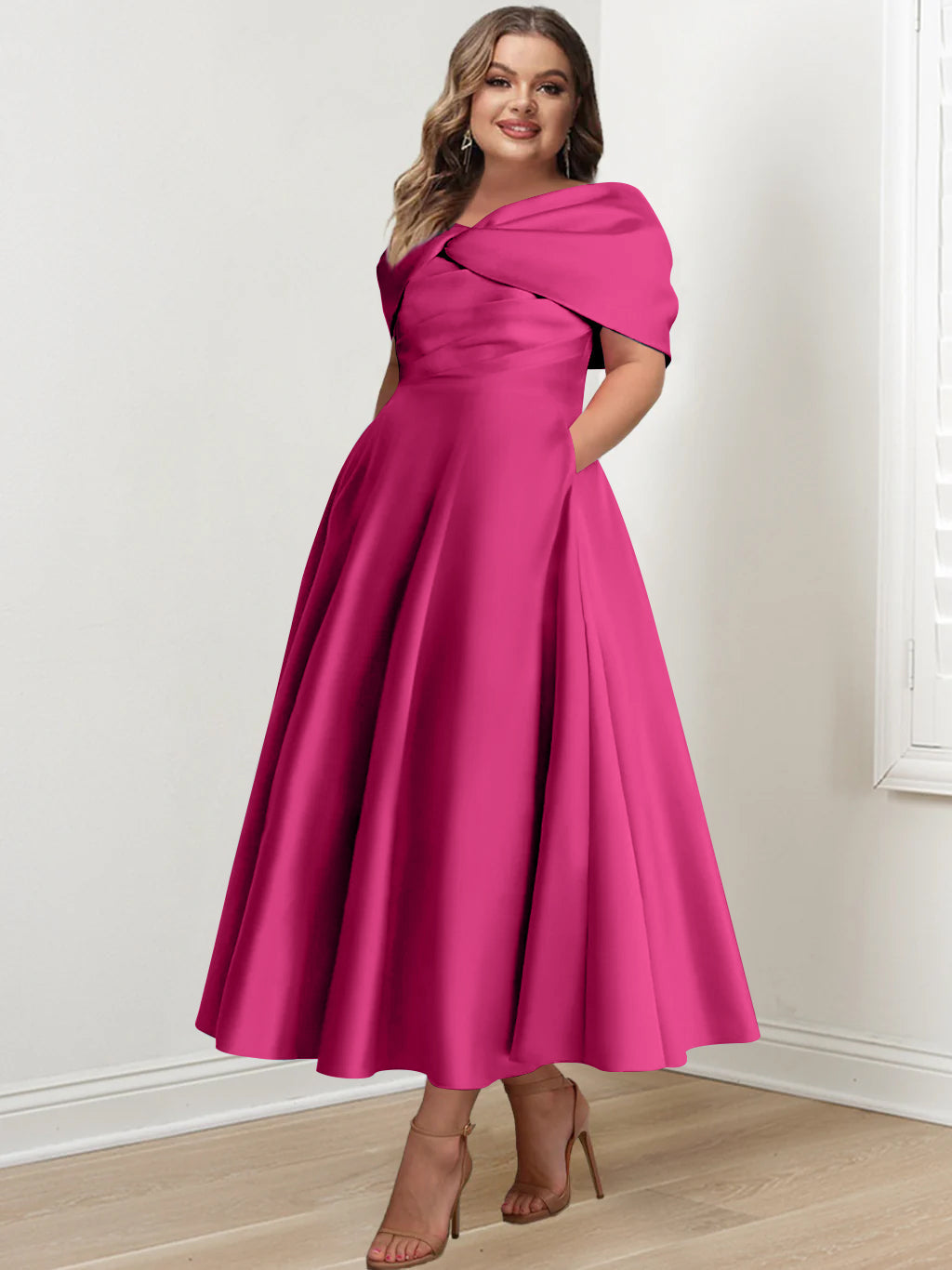 Plus Size Off-The-Shoulder A-Line Princess Ankle-Length Mother Of The Bride Dress With Ruffles & Bowknot