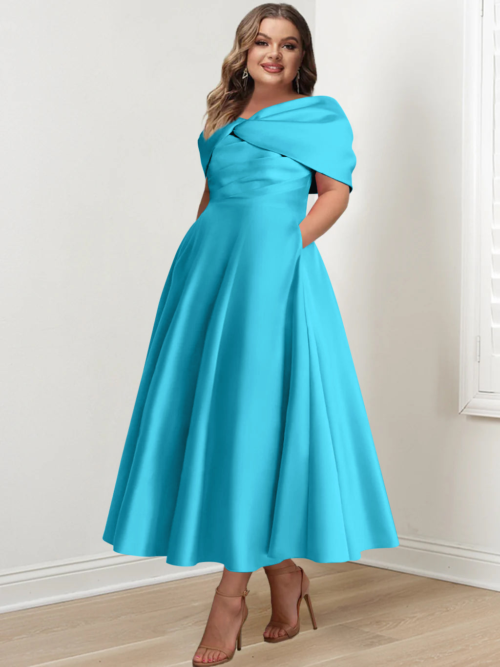 Plus Size Off-The-Shoulder A-Line Princess Ankle-Length Mother Of The Bride Dress With Ruffles & Bowknot