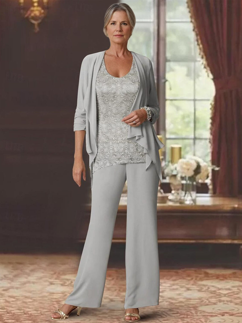 Long Sleeve Scoop Neck Ankle-Length Jumpsuits with Lace for the Mother of the Bride