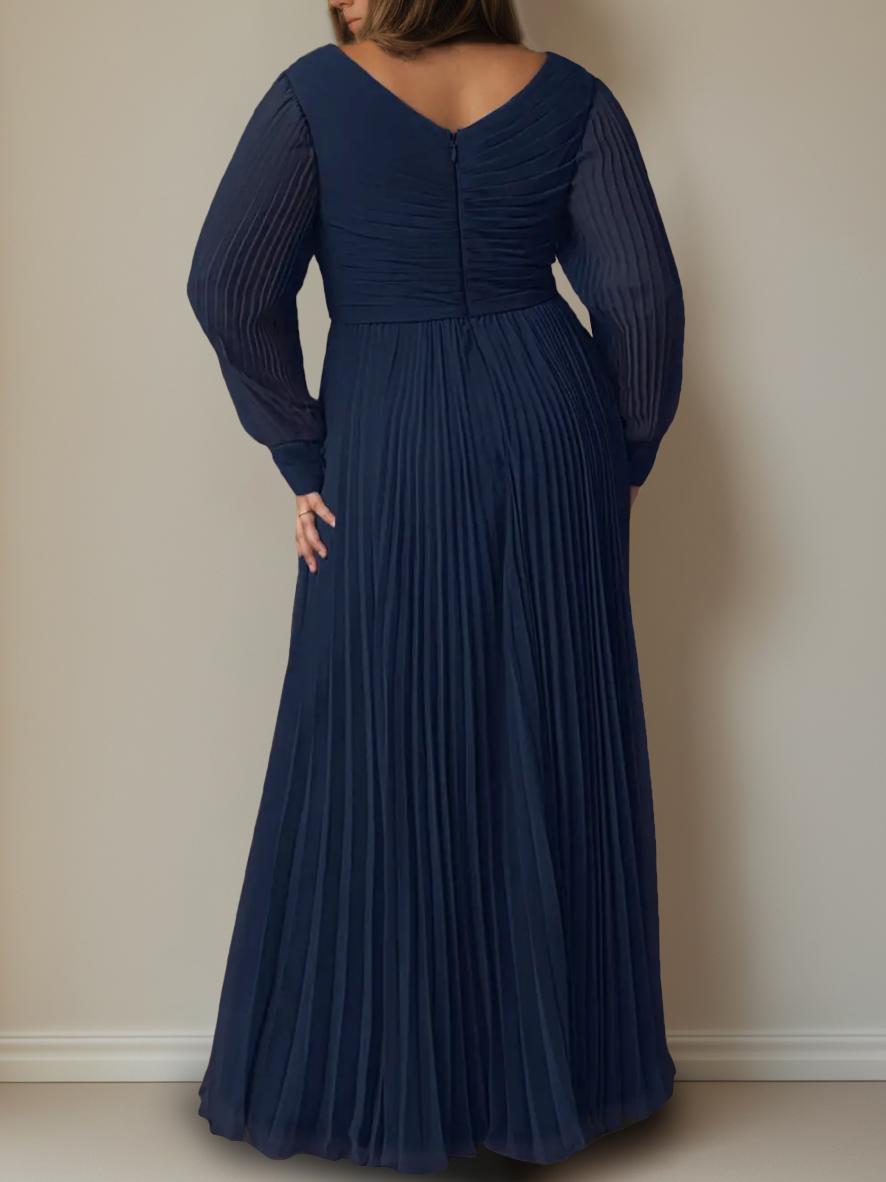 Plus Size Floor-Length A-Line Mother of the Bride Dress with V-Neck and Long Sleeves