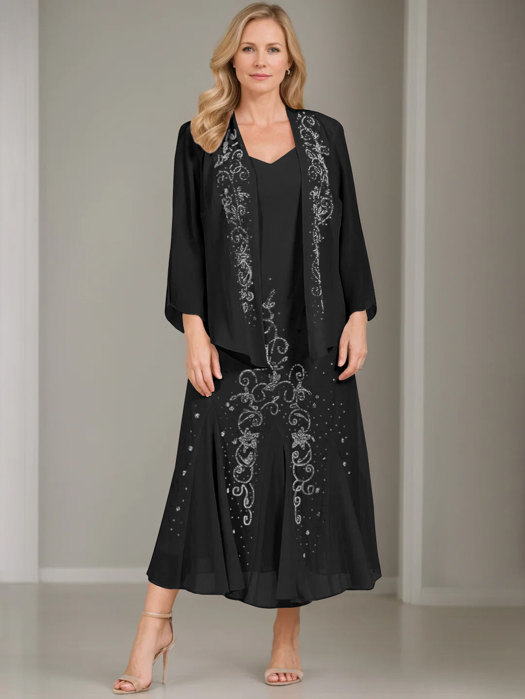 V-Neck A-Line Princess Two-Piece Plus Size Mother of the Bride Dress with Jacket and Sequins in Tea-Length