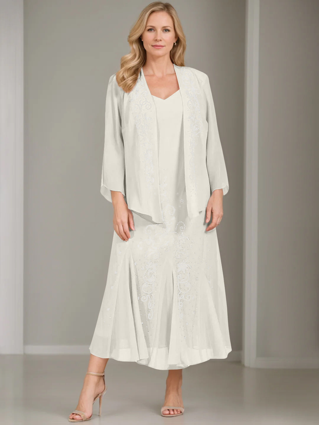 V-Neck A-Line Princess Two-Piece Plus Size Mother of the Bride Dress with Jacket and Sequins in Tea-Length
