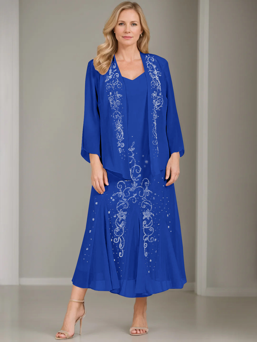 V-Neck A-Line Princess Two-Piece Plus Size Mother of the Bride Dress with Jacket and Sequins in Tea-Length