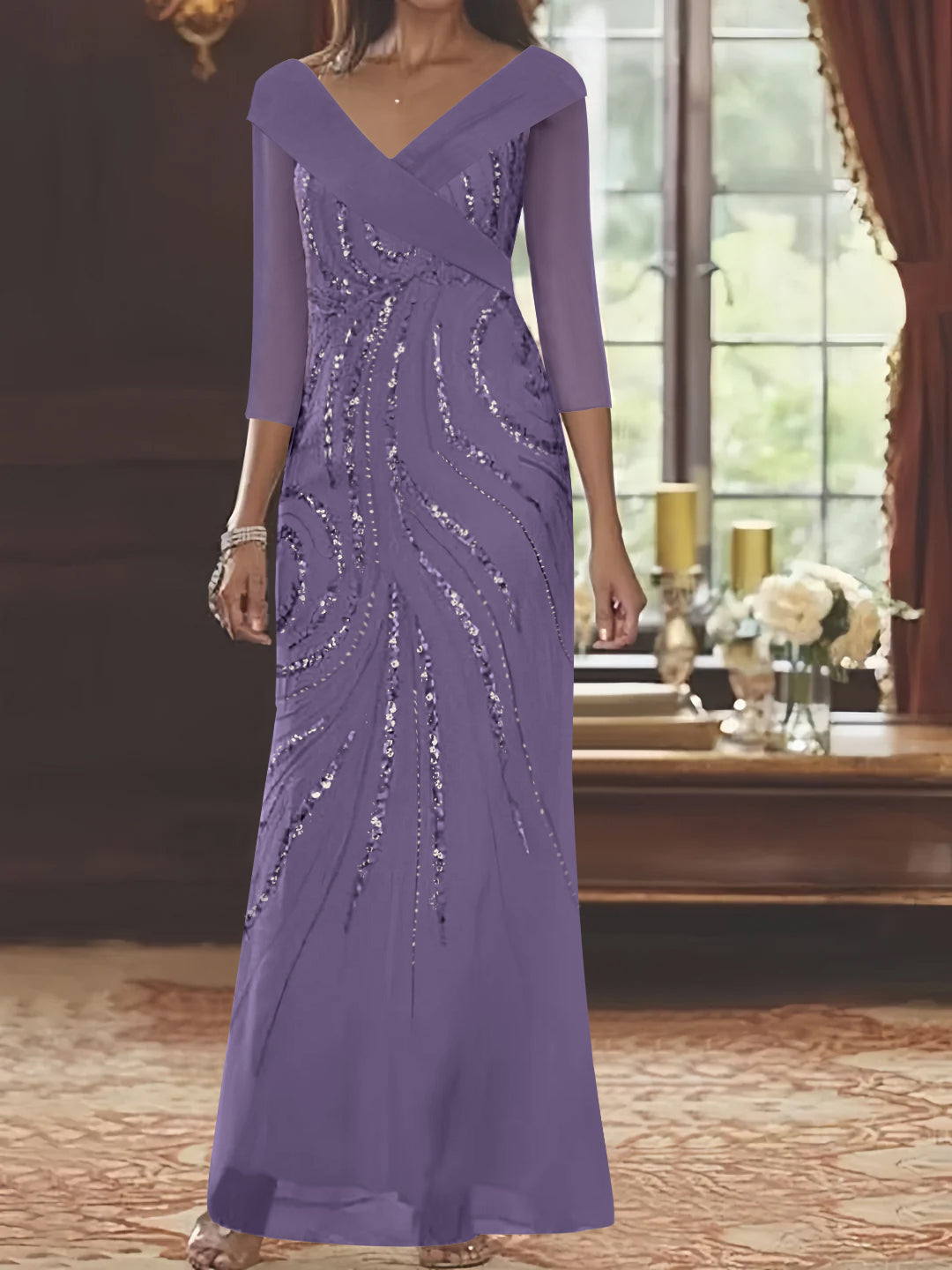 V-Neck 3/4 Sleeve Floor-Length Sequined Mother of the Bride Sheath Dress
